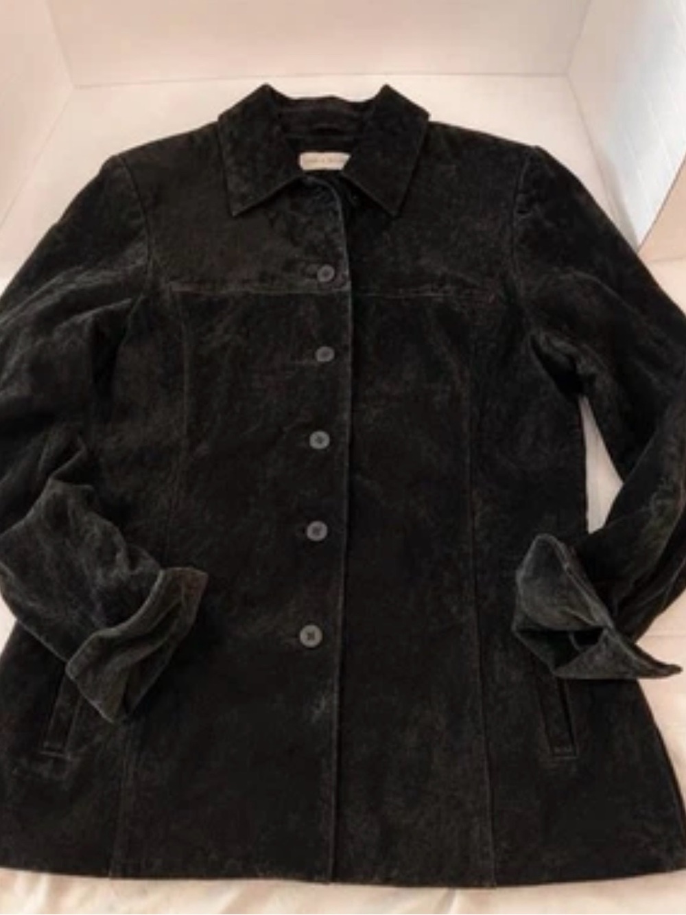 Vintage Lord & Taylor Genuine Black Suede Leather Jacket S 90s Button Front Soft